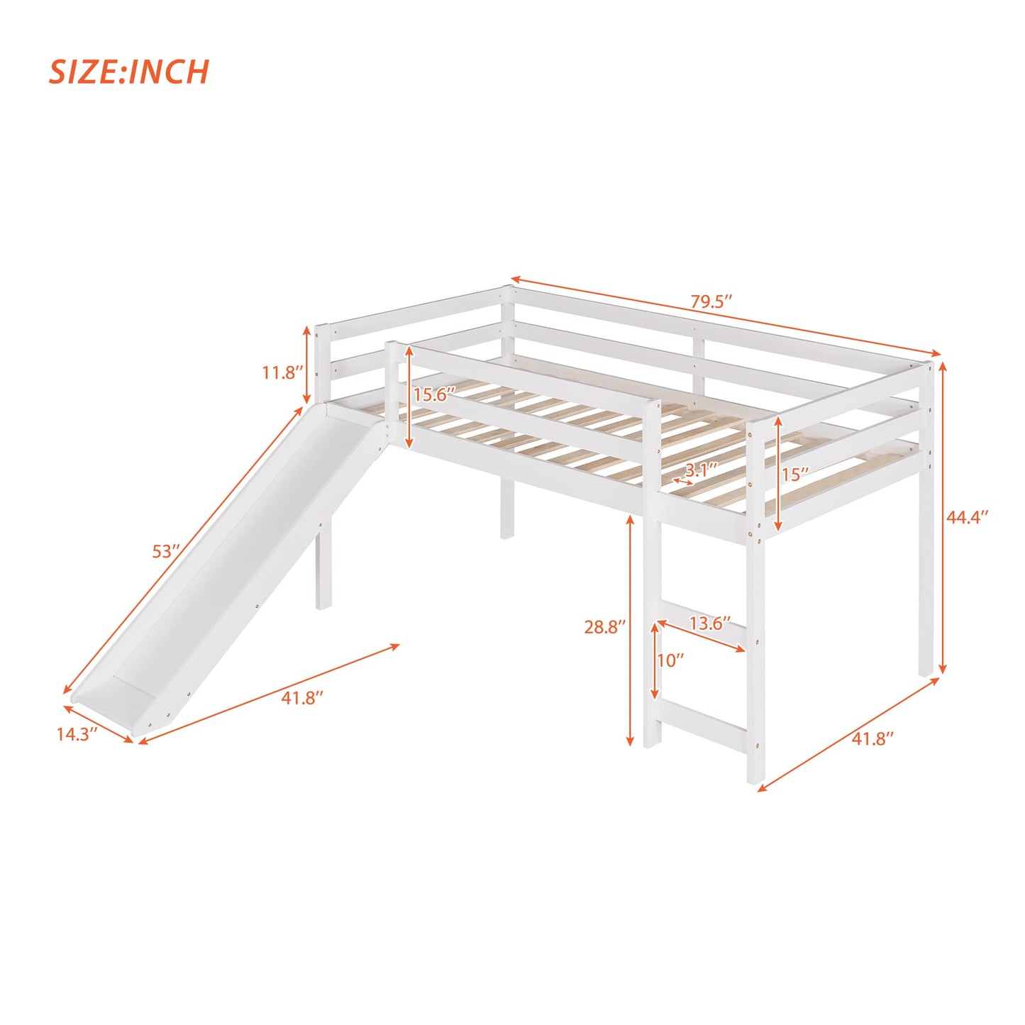 Harper & Bright Designs Kids Low Loft Bed with Slide, Twin Size Wooden Loft Bed Frame, White