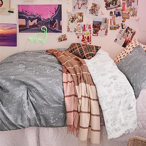 Bedsure Twin/Twin XL Comforter Set - Grey Bed Set, 2 Pieces Cute Floral Bedding, 1 Soft Reversible Botanical Flowers Comforter and 1 Pillow Sham Bedsure
