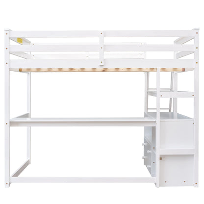 Merax Full Size Loft Bed with Desk Wood Loft Bed Frame with Shelves, and 2 Built-in Drawers, White - WoodArtSupply