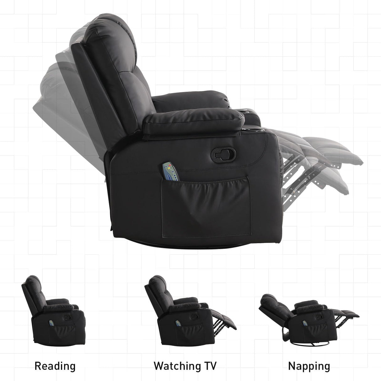 Bonzy Home Oversized Swivel Rocker Recliner, 40" Rocking Recliner Chair with Heated and Massage, PU Leather Single Sofa with Swivel Function, 2 Cup Holders for Living Room Bedroom, Black Bonzy Home