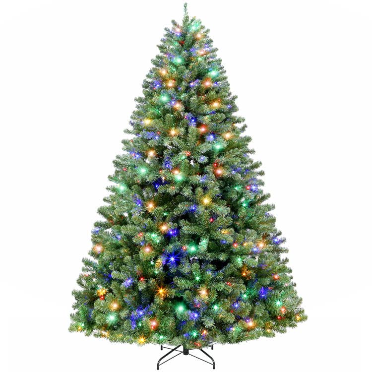 Hykolity 7.5 ft Prelit Christmas Tree, Artificial Christmas Tree with 450 Color Changing LED Lights, 1450 Tips, Metal Stand and Hinged Branches, 10 Color Modes