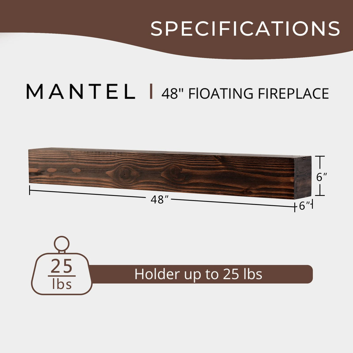 JOLLYMER Floating Wood Mantel Shelf,Rustic Fireplace Mantel Decor,Farmhouse Shelf (48" W x 6" D x 6" H) JOLLYMER