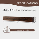 WELLAND Rustic Floating Shelf, Reclaimed Wood Wall Shelf, Fireplace Mantel Shelf Wall Mounted,Walnut Color (48" W x 6" D x 6" H) WELLAND