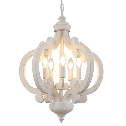 LynPon White French Country Chandelier, 5 Lights Distressed Wood Farmhouse Chandeliers Kitchen Light Fixtures, 17" Antique Hanging Pendant Light for Bedroom Foyer Entryway Hallway Staircase