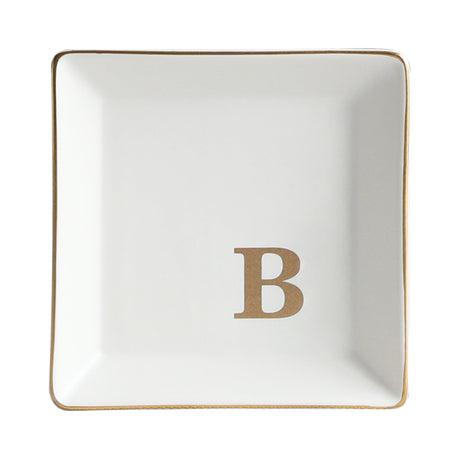COLLECTIVE HOME - Ceramic Jewelry Tray, Monogram Decorative Trinket Dish for Rings Earrings Necklaces Bracelet Watch Keys, Birthday Mother's Day Christmas Gift for Women, 4" x 4" (B) COLLECTIVE HOME