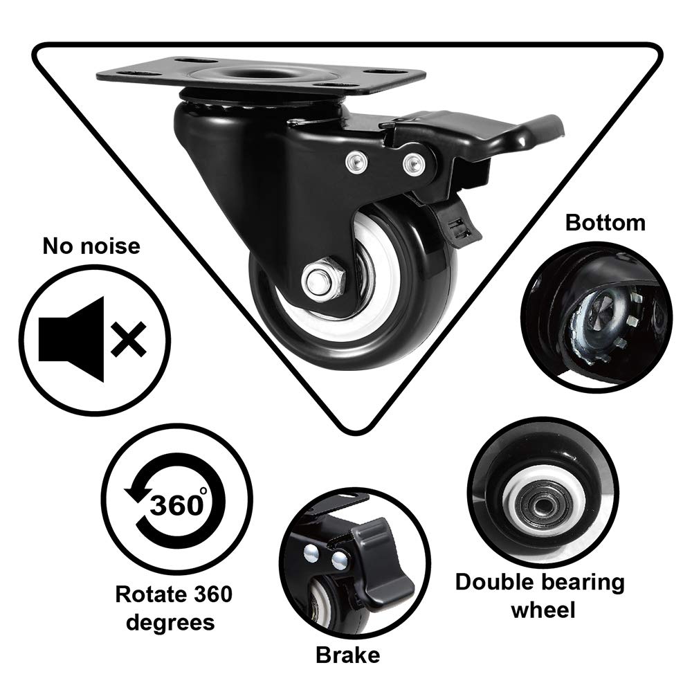 ASHGOOB 2" Caster Wheels Set of 4, Heavy Duty Casters with Brake, No Noise Locking Polyurethane (PU) Wheels, Swivel Plate Castors Pack 4 ASHGOOB
