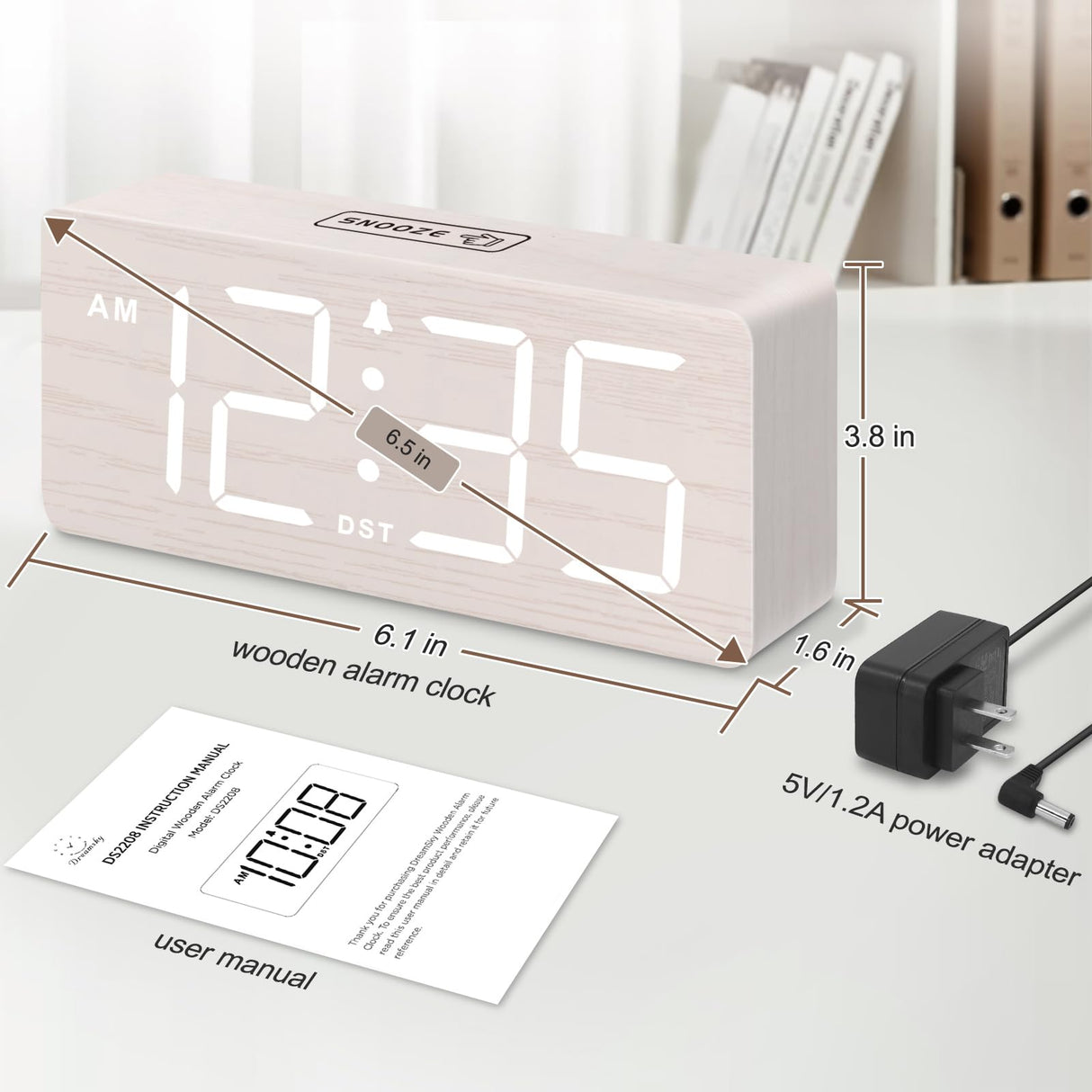 DreamSky Wooden Digital Alarm Clock for Bedroom - Wood Desk Clocks for Living Room with Large Numbers, Dimmer, USB Port, Loud Alarm for Heavy Sleepers with Volume Control, DST DreamSky