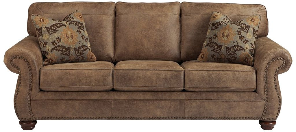Signature Design by Ashley Larkinhurst Faux Leather Sofa with Nailhead Trim and 2 Accent Pillows, Brown Signature Design by Ashley