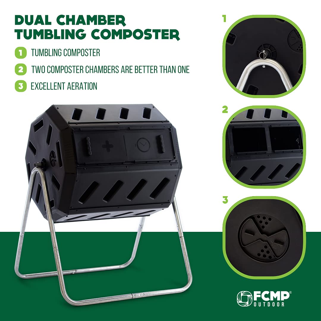 FCMP Outdoor IM4000 Dual Chamber Tumbling Composter Canadian-Made, 100% Recycled Resin - Outdoor Rotating Compost Tumbler Bin for Garden, Kitchen, and Yard Waste, Black (37 Gallon) FCMP Outdoor