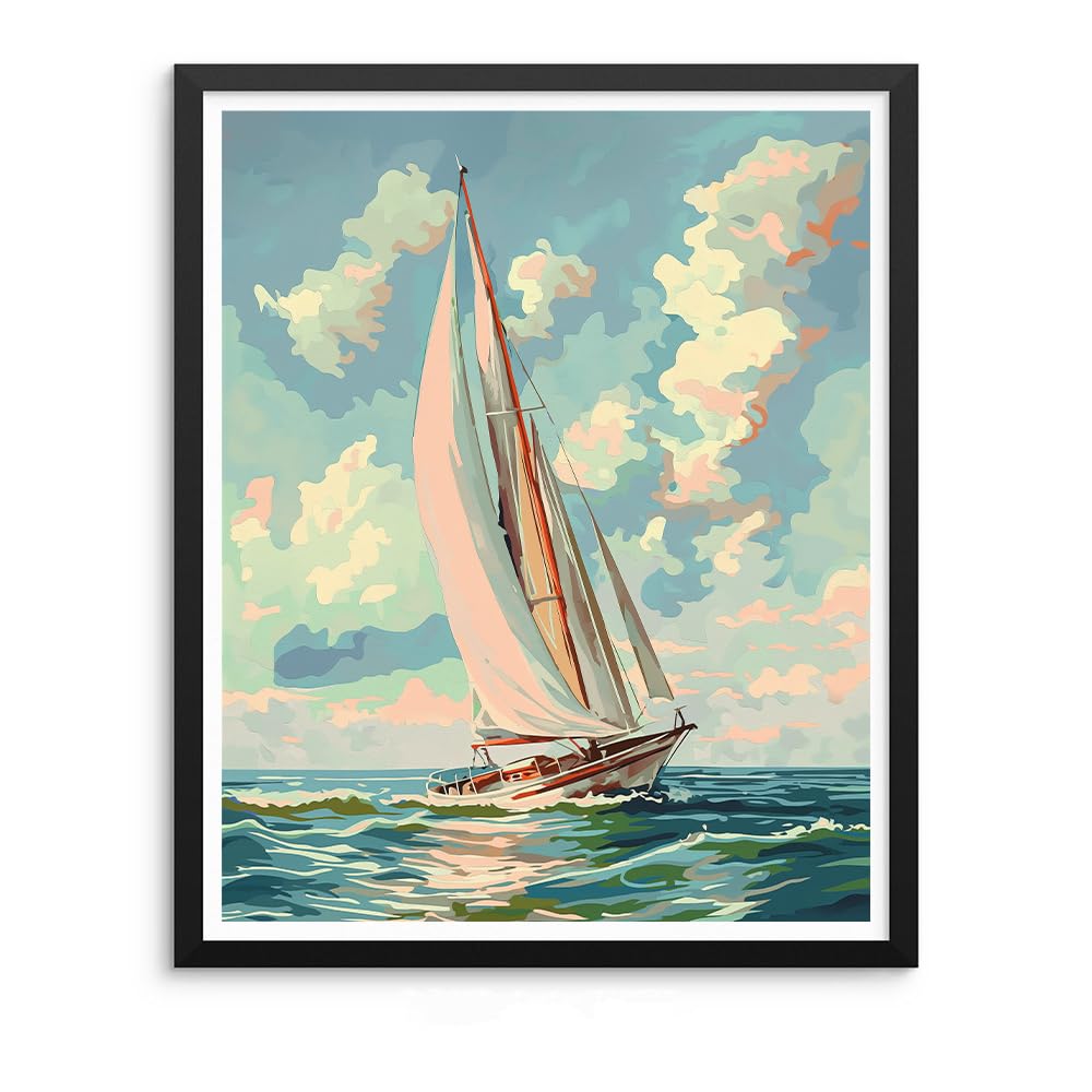Natuyalo Paint by Numbers Kit for Adults Beginners, 16" Wx20 L Canvas Pictures Drawing Acrylic Paintwork with 3 Pcs Paintbrushes, Sailboat in Waves Natuyalo