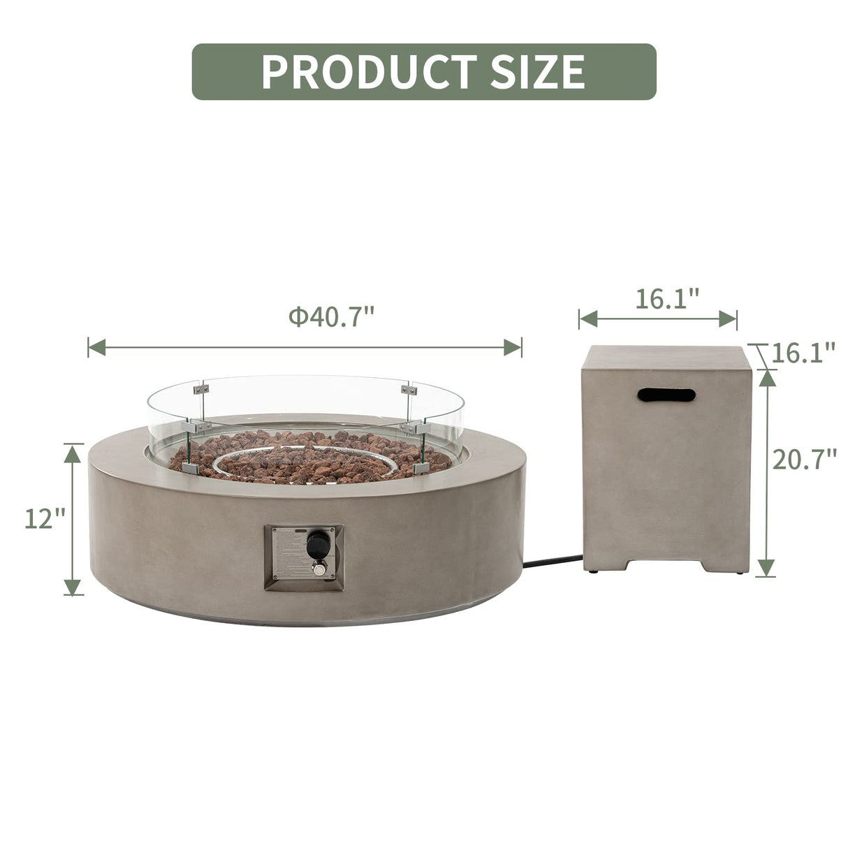 COSIEST 2-Piece Outdoor Propane Firepit Table Set w Tank Table, 42" Fire Table Certified, 50,000 BTU w Gray Round Base,Wind Guard and 16 inches Tank Side Table 20lb for Garden,Pool COSIEST