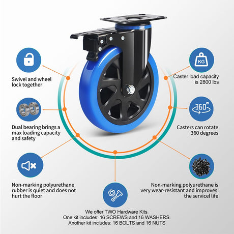 6 Inch Caster Wheels 2800lbs, Hands-Free A/B Brake Locking Casters, Heavy Duty Casters Set of 4, Silent Polyurethane Plate Castor Wheels for Cart, Furniture, Workbench(2 Hardware Kits Included) ENYKE