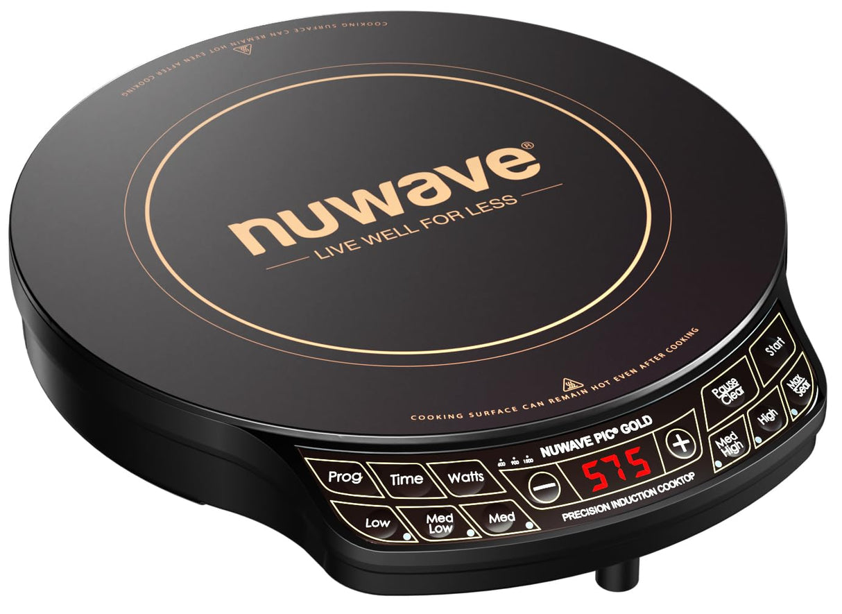 Nuwave Precision Induction Cooktop Gold, 12” Shatter-Proof Ceramic Glass Surface, Large 8” Heating Coil, Portable, 51Temp Settings 100°F to 575°F, 3 Wattage Settings 600, 900, and 1500 Watts Nuwave