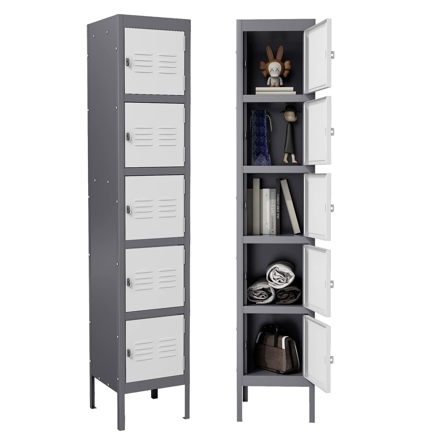 MIIIKO Metal Locker for Employees, 5 Tier Storage Shelves Cabinet, Steel Lockers with 5 Lockable Doors, for School, Home, Office, Changing Room and Gym - WoodArtSupply