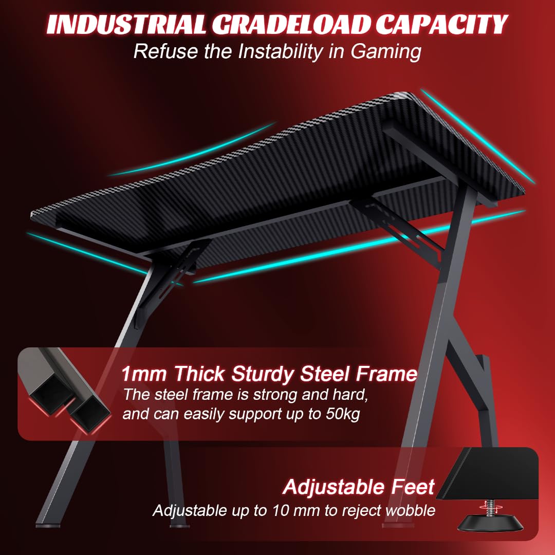 HLDIRECT 40 Inch Gaming Desk with Carbon Fibre Surface- A Shape Large Computer Desk Gaming Table Ergonomic Pc Gaming Workstation Home Office Desks HLDIRECT