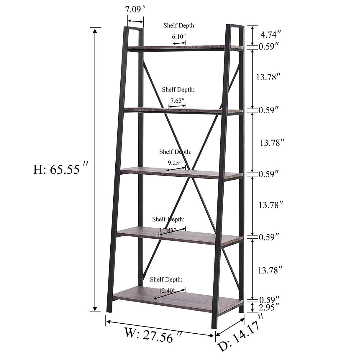 BON AUGURE 5-Tier Ladder Shelf, Industrial Leaning Bookcase, Wood and Metal Ladder Bookshelf for Living Room, Bedroom, Kitchen, Home Office (Grey Oak) - WoodArtSupply