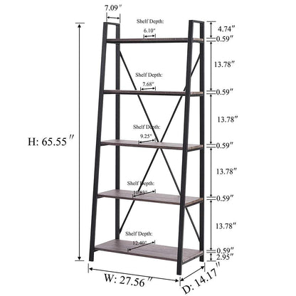 BON AUGURE 5-Tier Ladder Shelf, Industrial Leaning Bookcase, Wood and Metal Ladder Bookshelf for Living Room, Bedroom, Kitchen, Home Office (Grey Oak) - WoodArtSupply