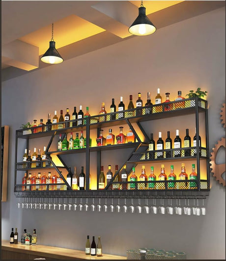 HFTUW Modern Wall Mounted Wine Rack w/LED Light, Metal Wall Bar Shelves Wall Mounted w/Glass Holder, Large Liquor Shelf for Liquor Bottles for Home Bar & Dining Room(Black-Yellow Led, 59in/150cm) HFTUW