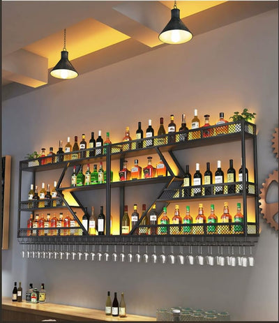 HFTUW Modern Wall Mounted Wine Rack w/LED Light, Metal Wall Bar Shelves Wall Mounted w/Glass Holder, Large Liquor Shelf for Liquor Bottles for Home Bar & Dining Room(Black-Yellow Led, 59in/150cm)