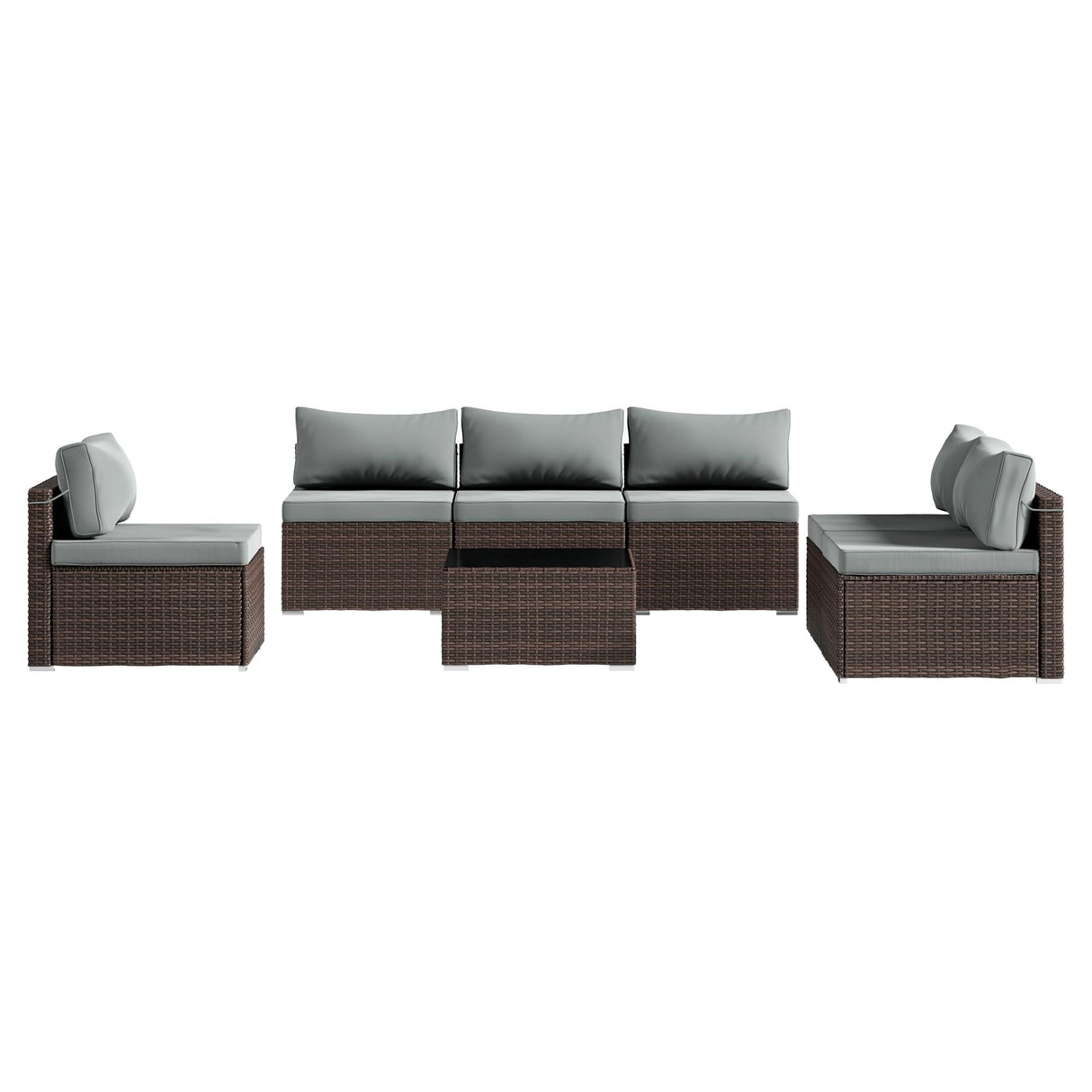 7 Piece Patio Furniture Set, Outdoor Wicker Patio Sofa Set, PE Rattan Sectional Couch with Glass Table and Grey Cushions, All-Weather 7 Piece Outdoor Patio Furniture Sets, Brown Tradare