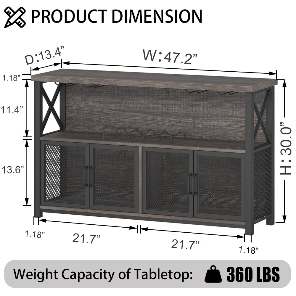 LVB Wine Bar Cabinet, Industrial Coffee Bar Cabinet for Liquor and Glasses, Modern Sideboard Buffet with Storage Rack, Rustic Liquor Home Bar for Kitchen Dining Living Room, Dark Gray Oak, 47 Inch