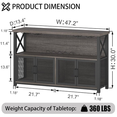 LVB Industrial Dark Gray Oak Wine Bar Cabinet with Storage Rack and Glass Holders LVB
