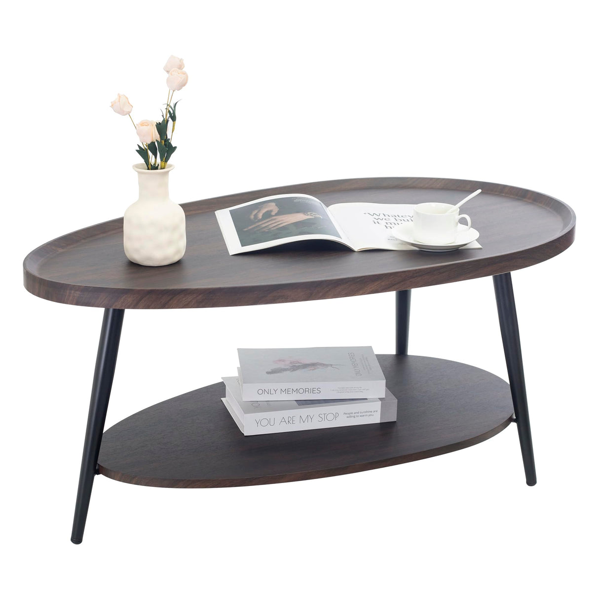 TDLEAYYD Oval Coffee Table, 2-Tier Coffee Table with Open Storage Shelf, 40" Modern Wood Center Table Tea Table for Living Room, Bedroom, Apartment, Dark Walnut TDLEAYYD
