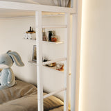 ikalido Metal Loft Bunk Bed Twin Over Full Size with Safety Guardrail and Ladder, No Box Spring Needed Space Saving Bedroom Furniture, Cream White ikalido