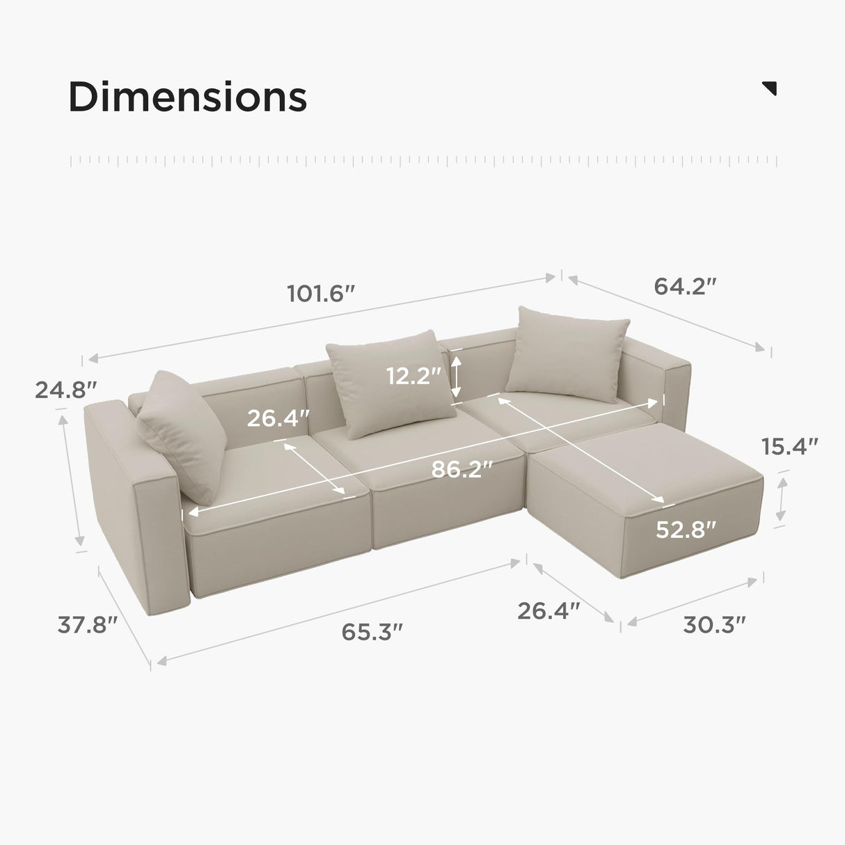 Acanva Luxury Modular Sectional Living Room Sofa Set, Modern Minimalist Style Couch with Ottoman and Chaise, L-Shape, Linen-Like Cream Acanva