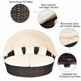 COSTWAY Patio Round Daybed with Retractable Canopy, Wicker Furniture Sectional Couch with Separate Cushioned Seats, Adjustable Table Top, Patio Rattan Daybed Sofa for Backyard, Poolside, White COSTWAY