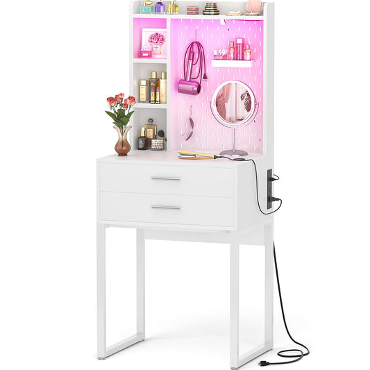 Besiost Small Vanity Desk with Hutch and Drawers, White Makeup Vanity Desk with Charging Station, Vanity Table Dressing Table with LED Lights, Vanity Desk No Mirror with Pegboard for Girls Wo - WoodArtSupply