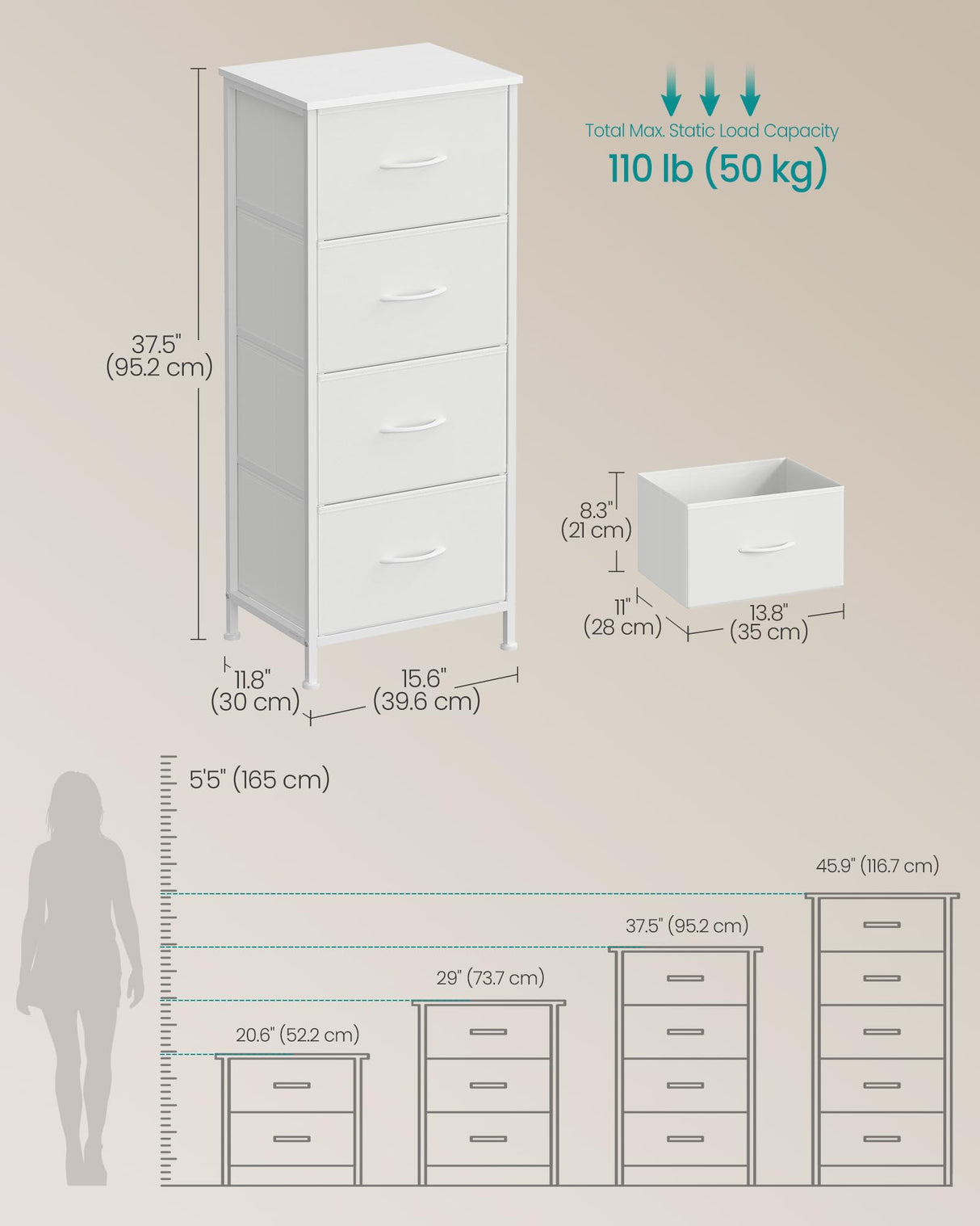 SONGMICS Dresser for Bedroom, Chest of Drawers, Steel, MDF, 4 Non-Woven Fabric Drawers, Storage Organizer Unit, Closet, Entryway, Cloud White and Snow White ULGS314W01S SONGMICS