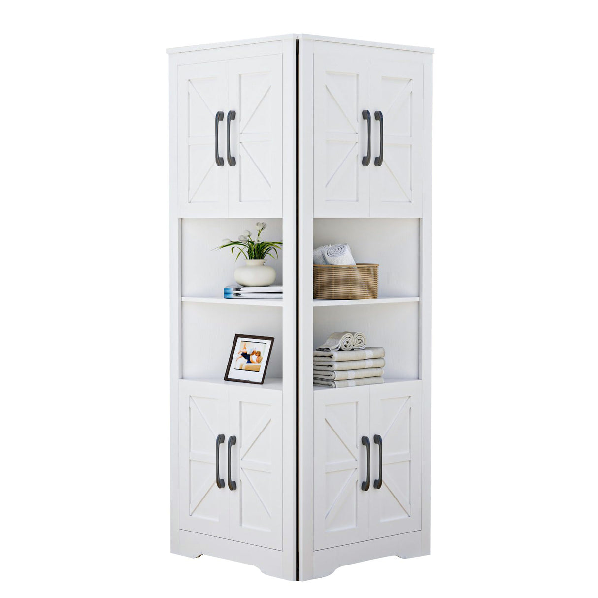 NOVAMAISON 67" Tall Farmhouse Corner Cabinet with Barn Door Design in White - Stylish Storage Solution for Any Room NOVAMAISON