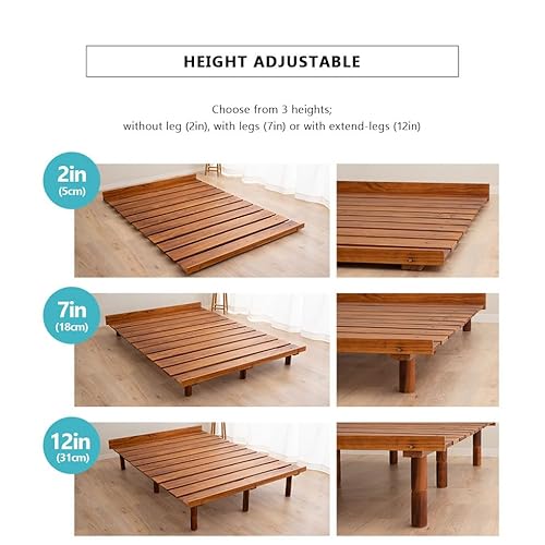 EMOOR Wood Slatted Floor Bed Frame OSMOS Full for Japanese Futon Mattress Solid Pine (Retro-Brown), Height Adjustable (2/7/12in) Tatami Mat EMOOR
