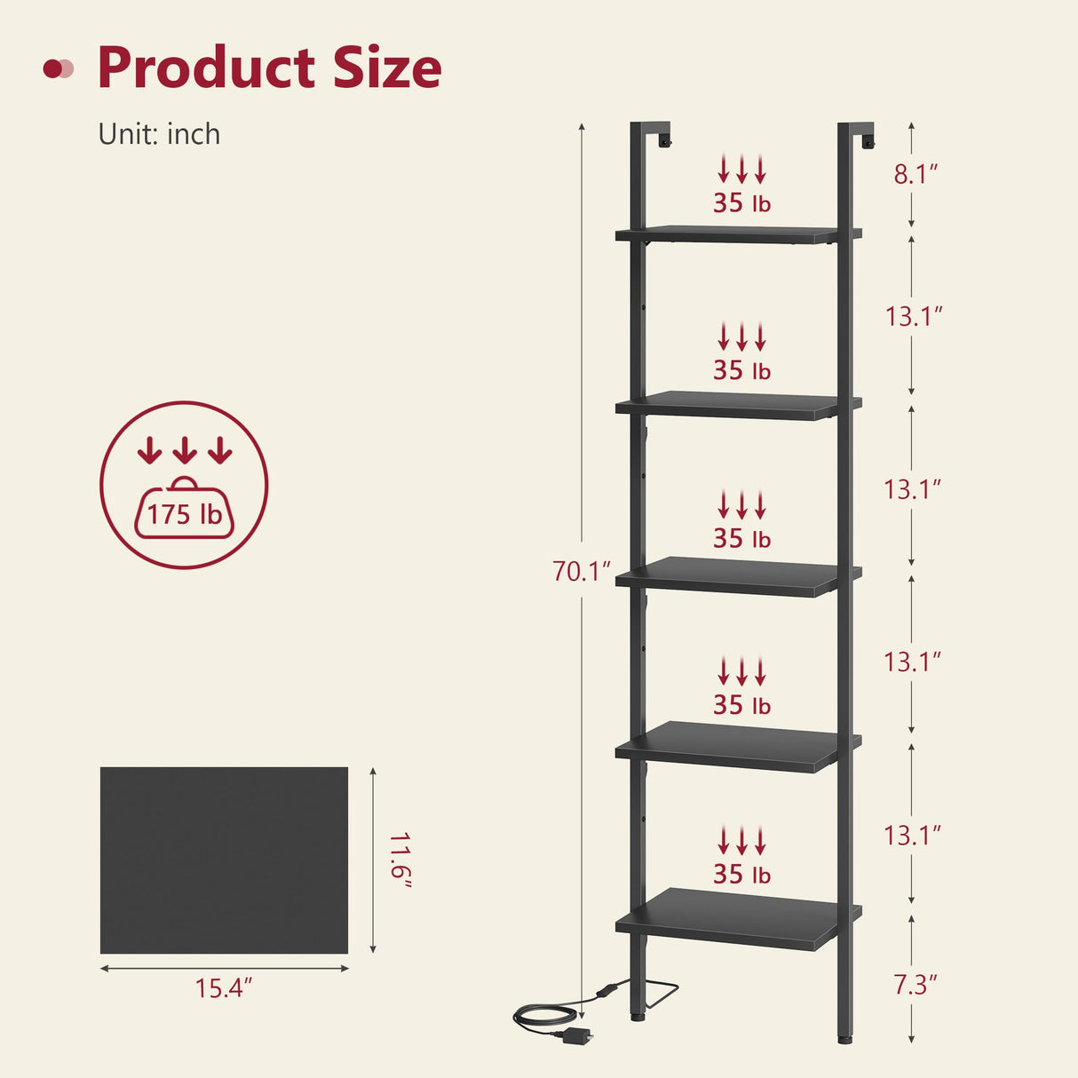 Tajsoon 5 Tier Ladder Shelf with Light, Wooden Wall Mounted Book Shelf, Ladder Bookshelf with Metal Frame, Wall Mounted Ladder Bookshelf for Office, Living Room, Bedroom, Black Tajsoon