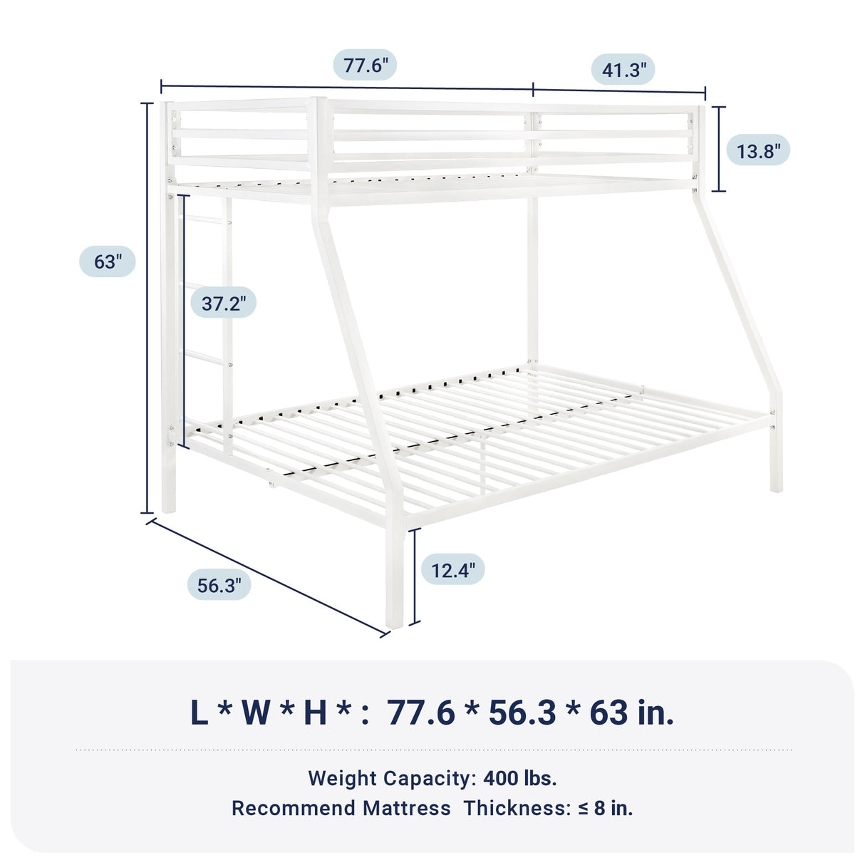 Allewie Metal Bunk Bed Twin Over Full Size for Junior & Adults with Ladder and Heavy Duty Guardrail, Small Space Saving Design for Bedroom Kid Room and Dorm, White Allewie