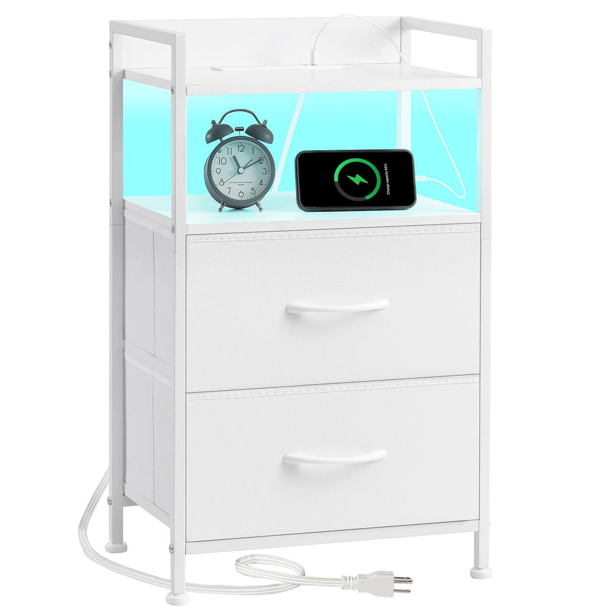 Somdot White Nightstand with Charging Station and LED Light for Bedroom, 2 Drawers Dresser with Fabric Bins for Bedside Kids Dorm Room Closet Laundry Entryway, White Leather Somdot