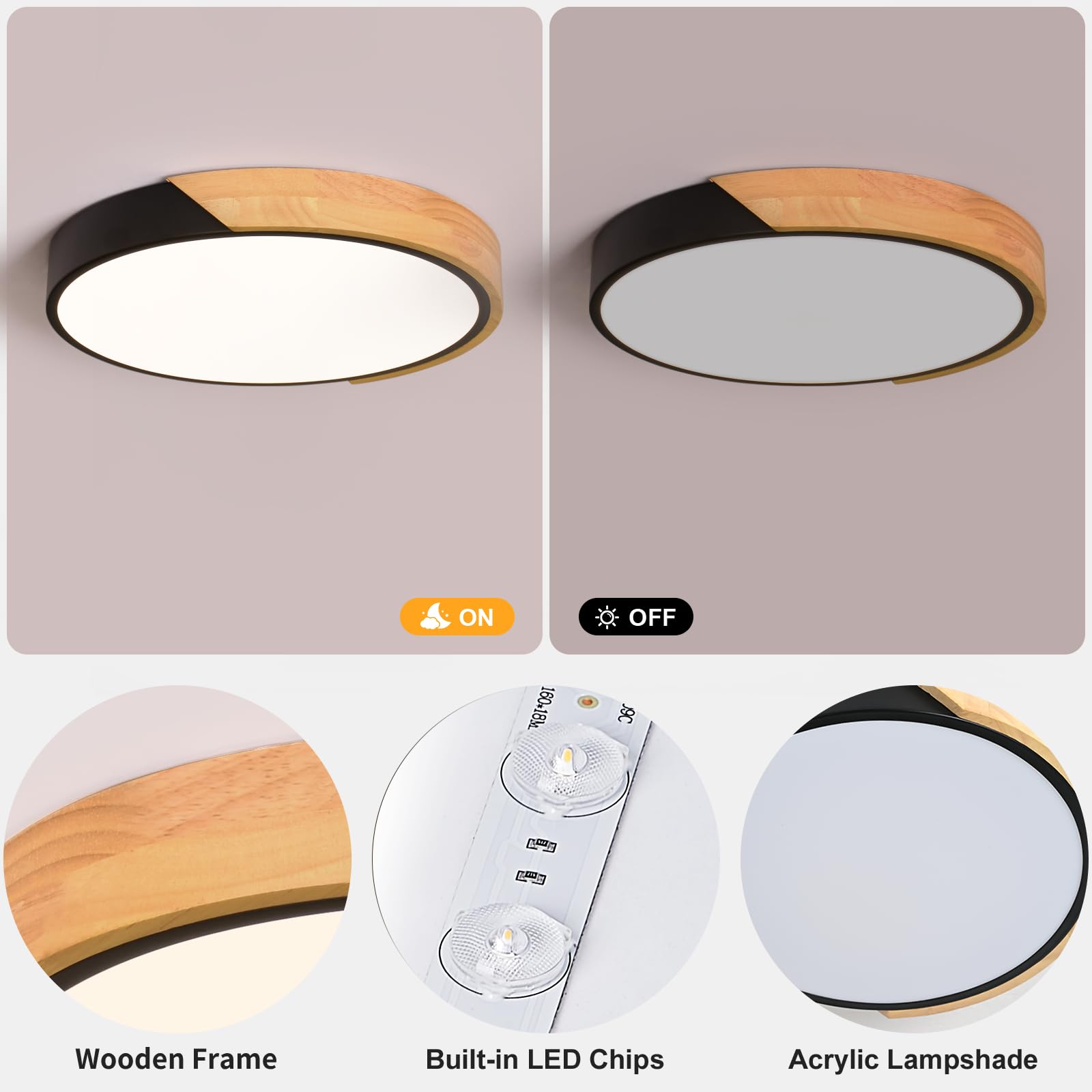 Vikaey Modern LED Ceiling Light, Minimalist Wood Flush Mount Ceiling Light Fixture, 4000K Not Dimmable, Circle Lighting Lamp with Acrylic Lampshade for Bedroom Laundry Room Hallway (Black,11. - WoodArtSupply