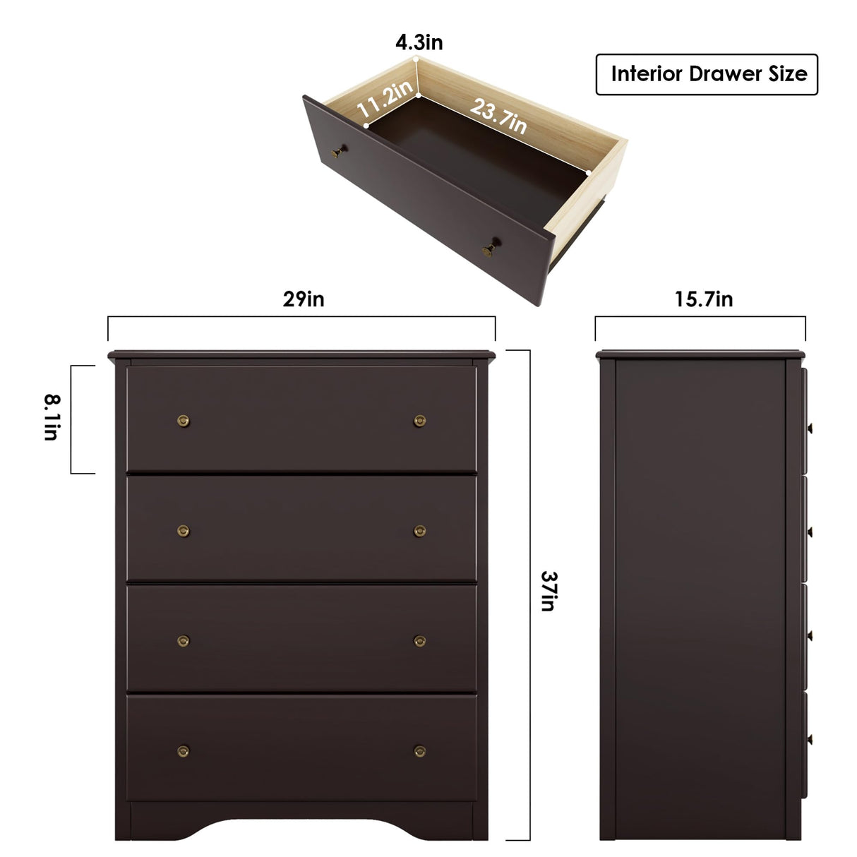 HOUSUIT Dresser, 4 Drawer Dressers Chests of Drawers, Modern Tall Dresser, Wood Drawer Chest Storage Cabinet for Living Room, Hallway, Entryway, Home Office, Dark Brown HOUSUIT