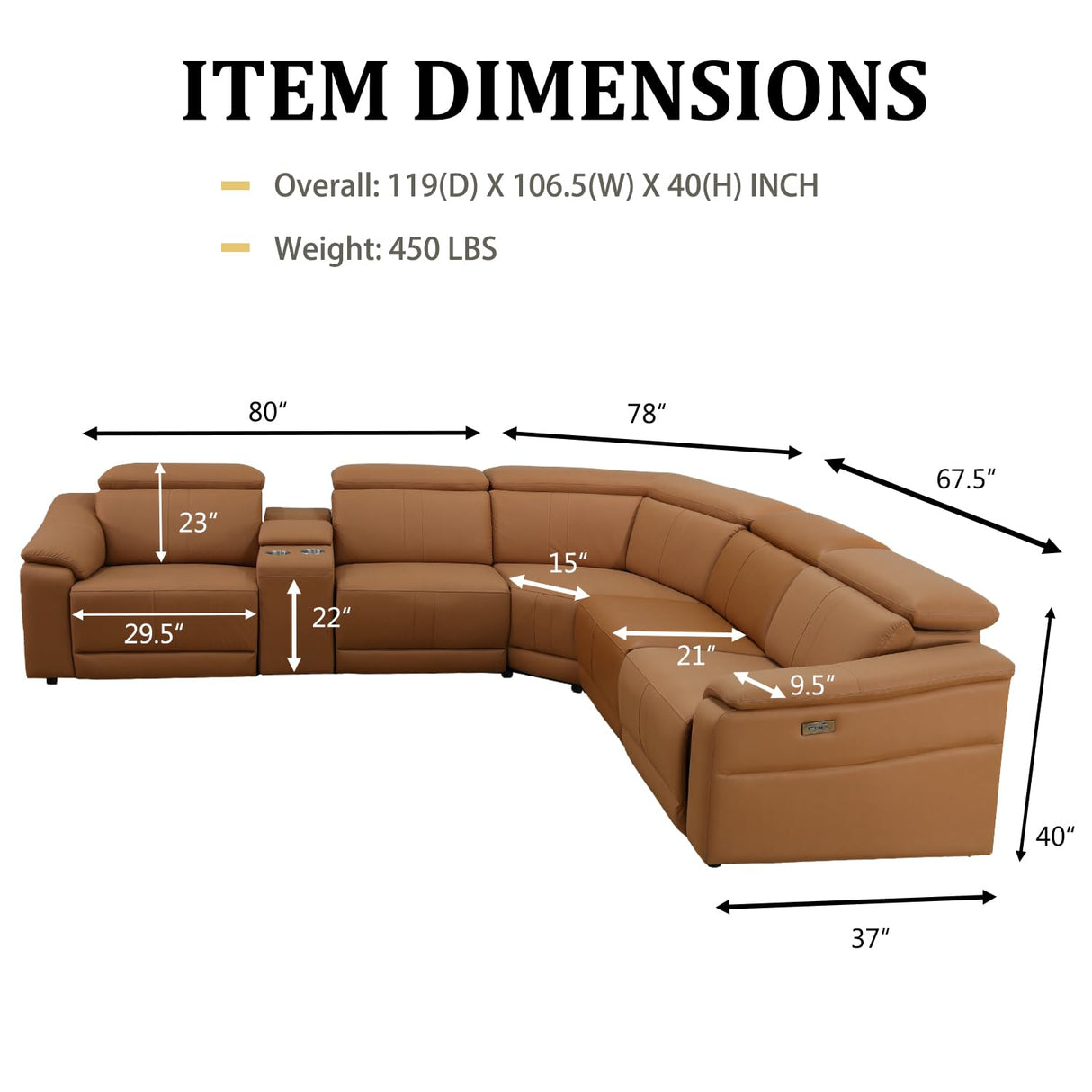 GEBADOL Power Recliner Sectional Sofa, L-Shaped Living Room Furniture Set, Light Brown Leather Sofa, Reclining Sectional Couch with Storage Console/Cup Holder for Living Room/House/Apt GEBADOL