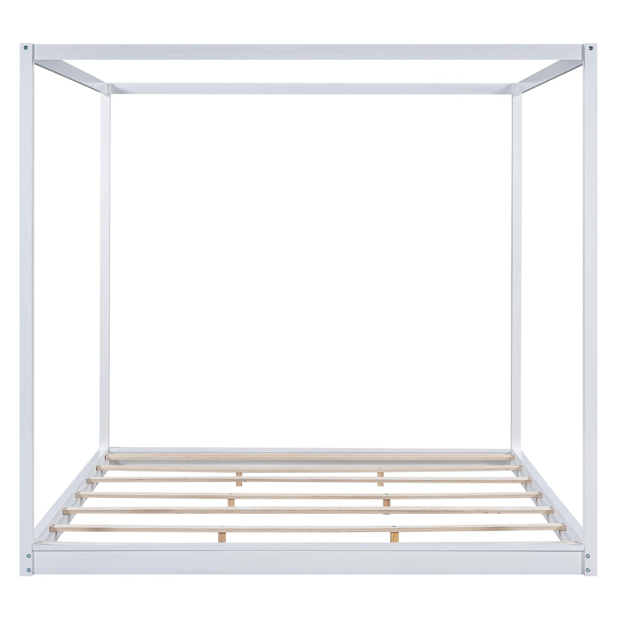 King Size Canopy Bed Frame, Wood Floor Bed with 4 Poster and Wooden Slats Support, No Box Spring Needed, White Bellemave