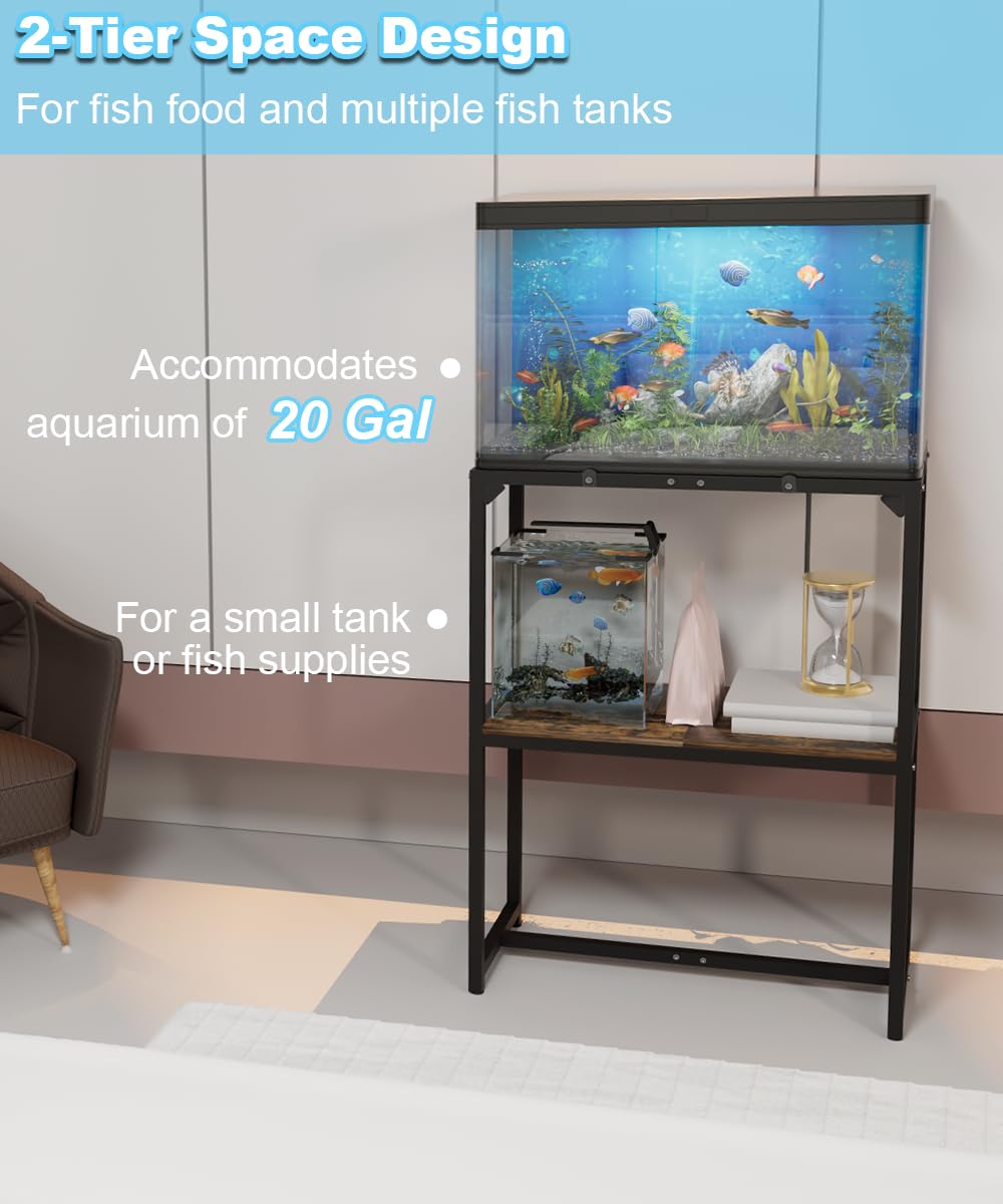 Mondazie 20 Gallon Fish Tank Stand, Upgraded Height Aquarium Stand Table with 2 Tiers Storage Shelf, Metal Reptile Breeder Turtle Terrarium Stand Rack for Home Office, 24" L x 12" W x 32.2" H - WoodArtSupply