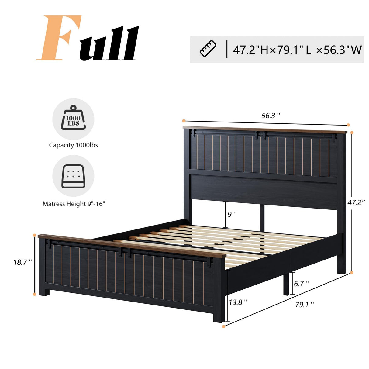 AMERLIFE Farmhouse Full Size Bed Frame with Sliding Barn Door, Wooden Rustic Platform Bed Frame with 47" Tall Headboard, Noise-Free, Solid Wood Slats & Metal Support, No Box Spring Needed, Dark Grey AMERLIFE