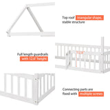 Merax Twin Size White House Bed with Fenced Design and Playful Door Merax