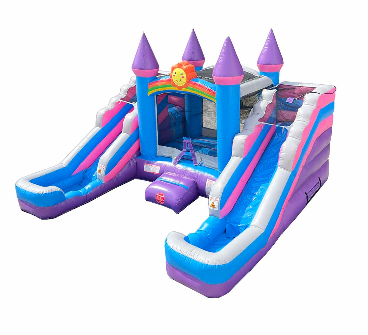 Inflatable Bounce House and Double Slide Combo (Without Blower) - 16' Long x 15' Wide Crossover Pink and Purple Castle Combo Bouncer, Kids Outdoor Toys and Jumpers Pogo Bounce House