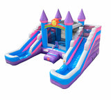 Inflatable Bounce House and Double Slide Combo (Without Blower) - 16' Long x 15' Wide Crossover Pink and Purple Castle Combo Bouncer, Kids Outdoor Toys and Jumpers Pogo Bounce House