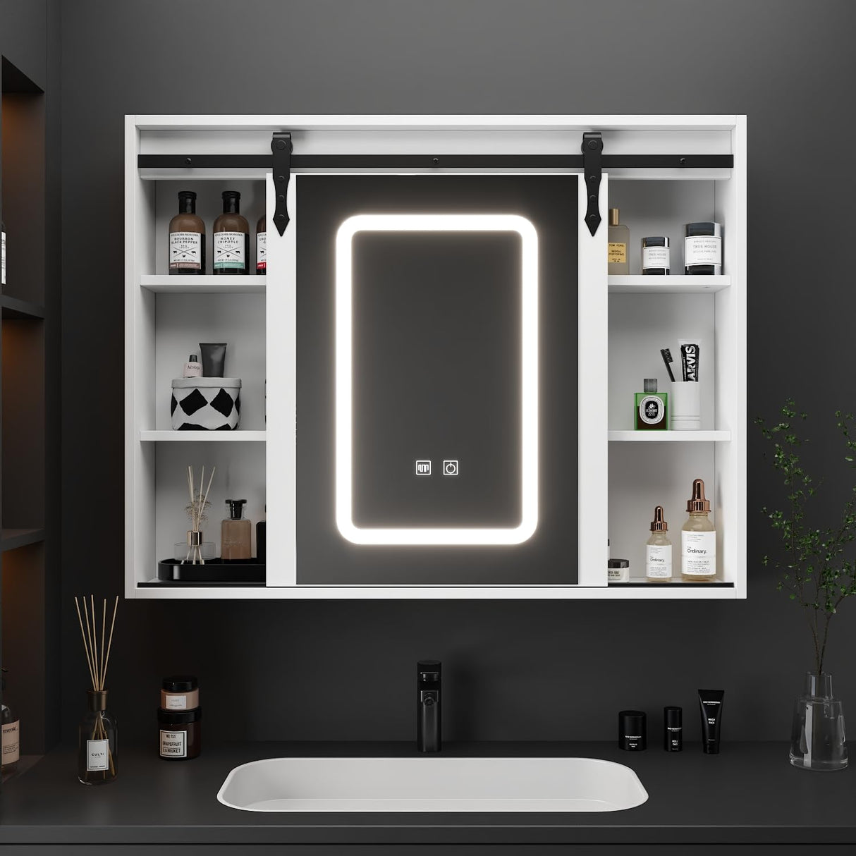 FUNISIR Mirror Medicine Cabinet Wall Mounted, 35.4" x 27.6" Bathroom Lighted Mirror Medicine Cabinet with Farmhouse Sliding Barn Door, Makeup Vanity Mirror with Defogger, Dimmer, Storage FUNISIR