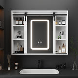 FUNISIR Mirror Medicine Cabinet Wall Mounted, 35.4" x 27.6" Bathroom Lighted Mirror Medicine Cabinet with Farmhouse Sliding Barn Door, Makeup Vanity Mirror with Defogger, Dimmer, Storage FUNISIR