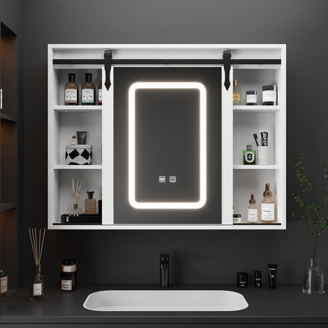 FUNISIR Mirror Medicine Cabinet Wall Mounted, 35.4" x 27.6" Bathroom Lighted Mirror Medicine Cabinet with Farmhouse Sliding Barn Door, Makeup Vanity Mirror with Defogger, Dimmer, Storage FUNISIR