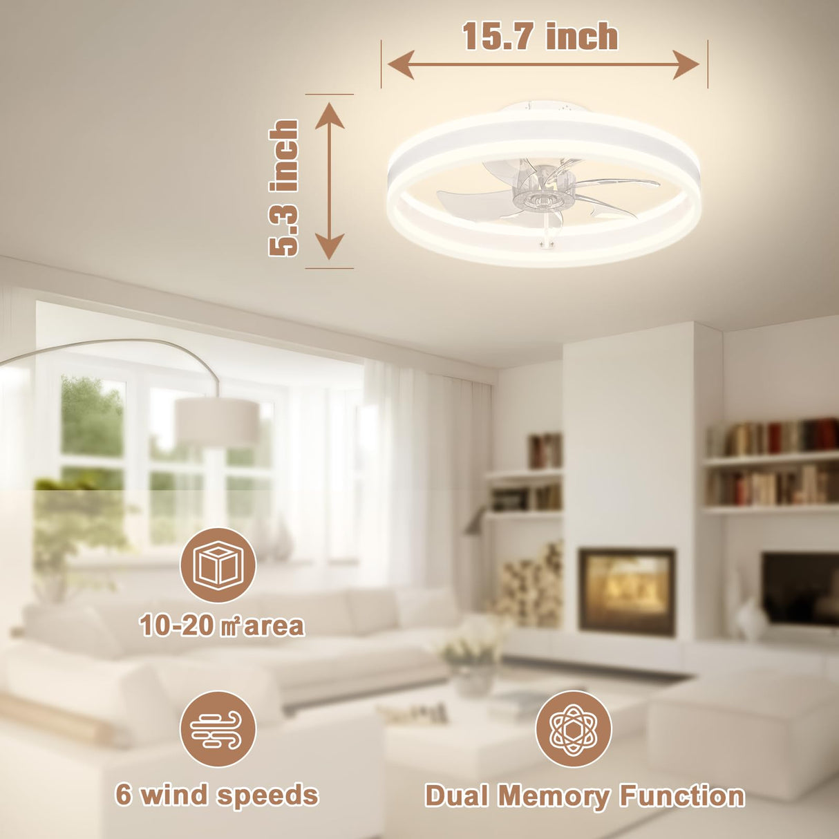 VOLISUN Fandelier Ceiling Fans with Lights and Remote, 15.7in Low Profile Ceiling Fan Flush Mount, 3000K-6500K Dimmable Bladeless LED Fan Light, White Modern Ceiling Fans with Lights for Bedroom VOLISUN